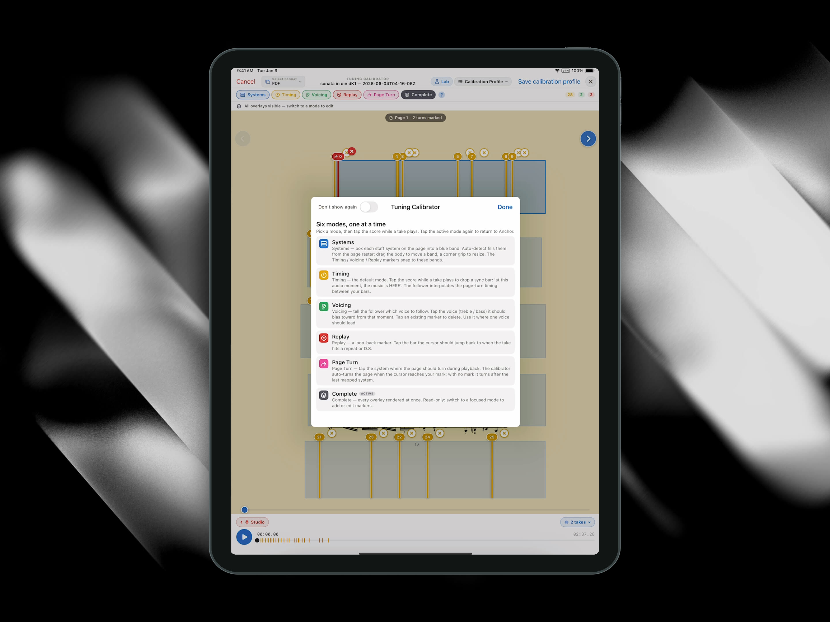 The Calibrator guide listing its six modes: Systems, Timing, Phrase, Replay, Page Turn, Complete.