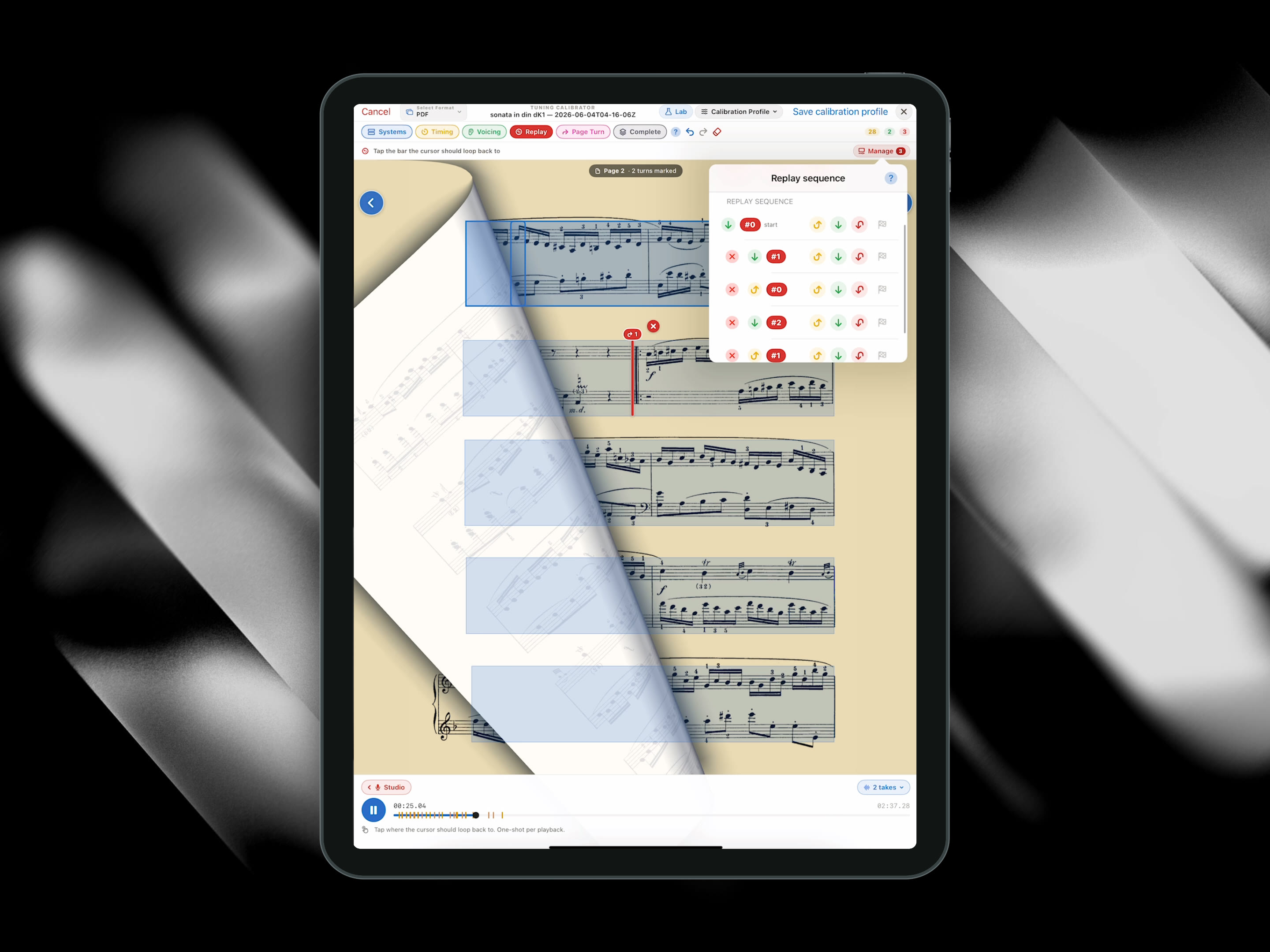 The Calibrator replay manager, the page turning mid-performance on iPad once the map is set.